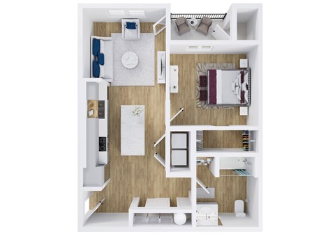 A top-down view of a small apartment with a kitchen, living room, and bedroom.